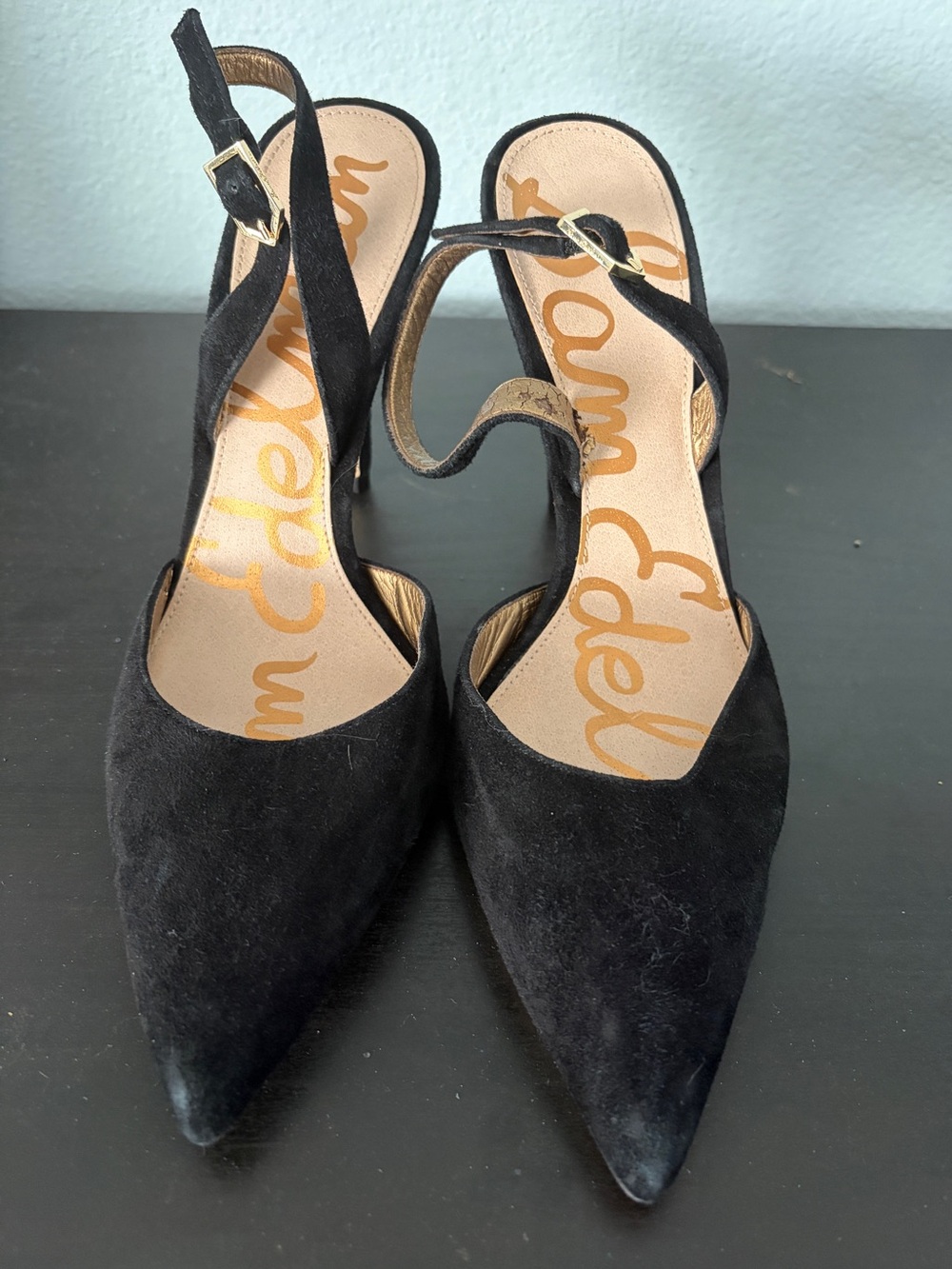 Sam Edelman Black Suede Pointed Toe Slingback Heels Pumps